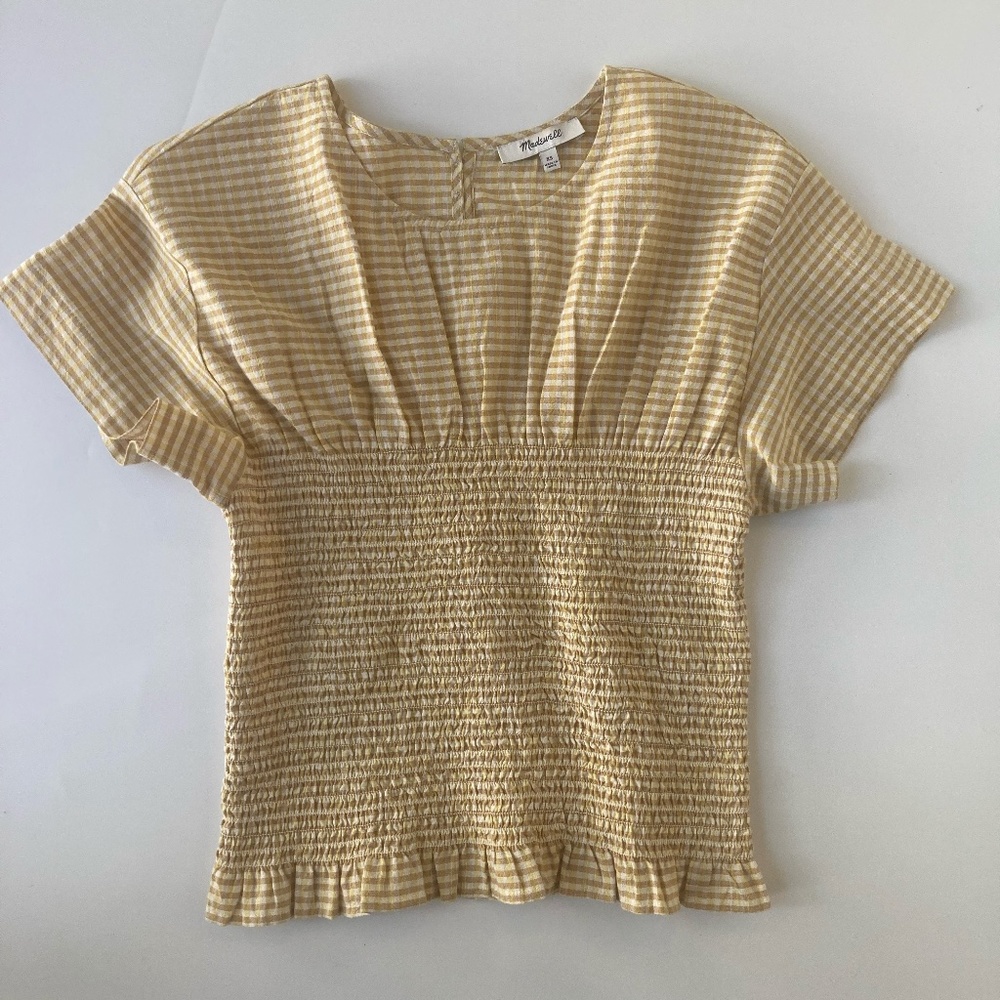 Madewell Soars Golden Gingham Smocked Shirt Short Sleeve Sz XS